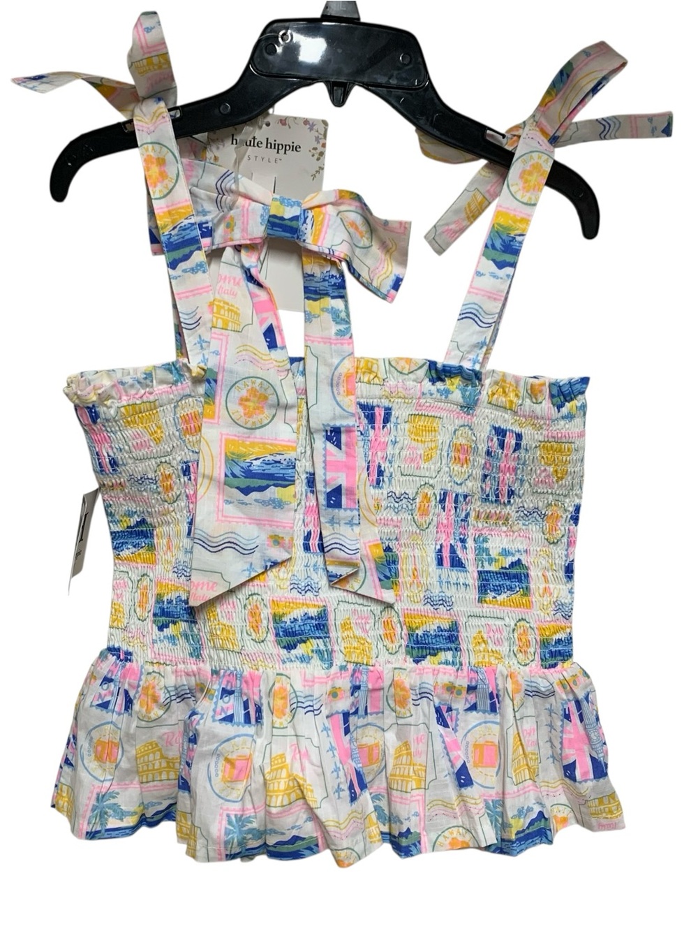 Haute Hippie Pastel Printed Tie-Strap Smocked Top and Hair Bow